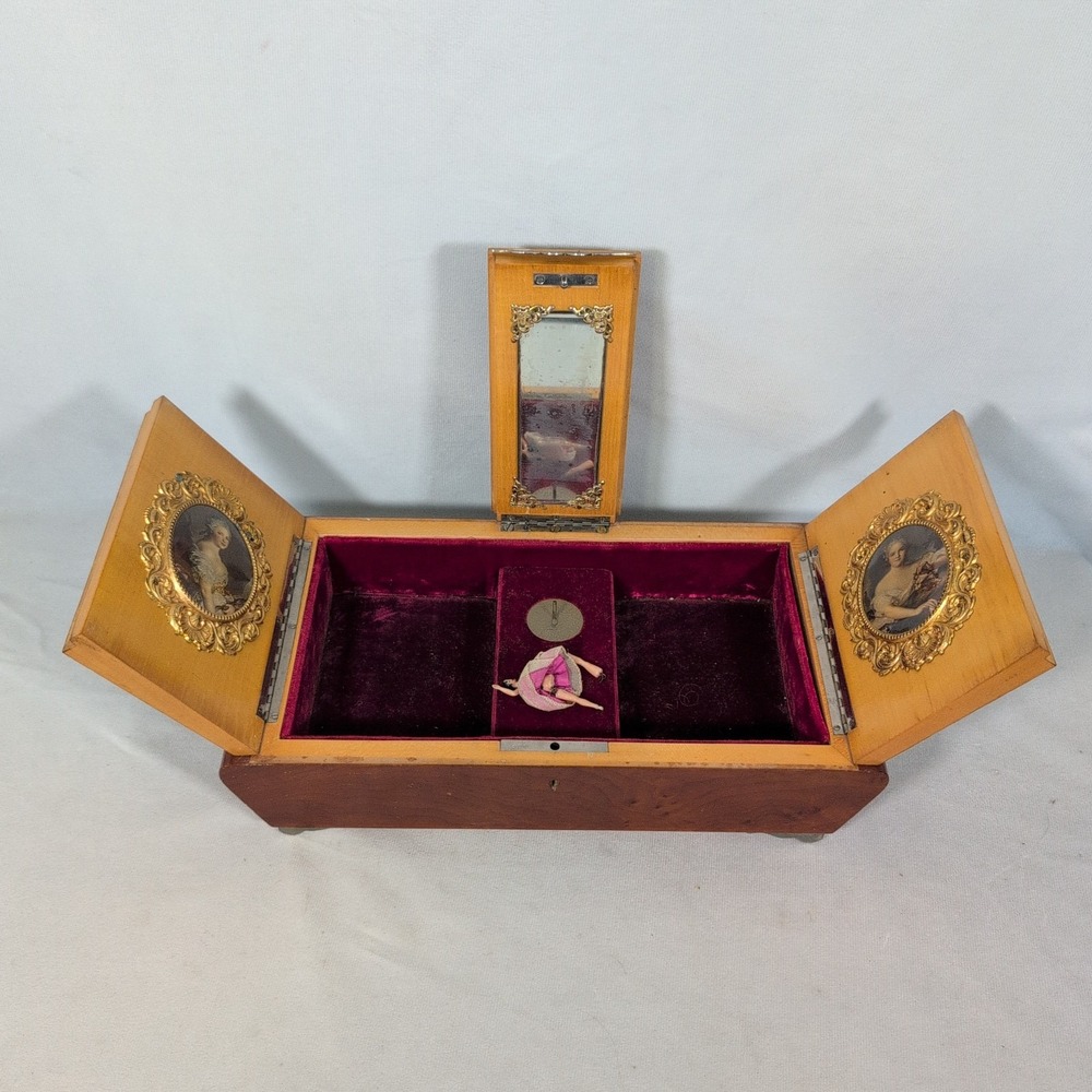 Vintage Working Wooden Ballerina (nonworking) Music Box Mirror Red Fabric Lining
